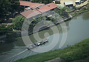 Aerial view of a boat packed with migrants going down the Nile River in Juba, South Sudan