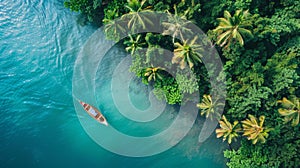Aerial View of Boat on River Surrounded by Palm Trees