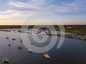 Aerial view of boats in Beaufort, South Carolina