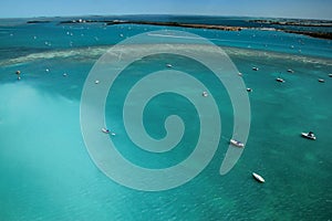 Aerial view of boats in the Florida keys, USA water