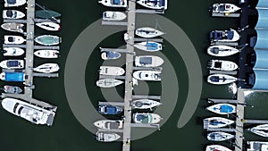 Aerial view of boats in the harbor of Vancouver Bowen island
