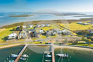 Aerial view of boats in the harbour, Port Albert