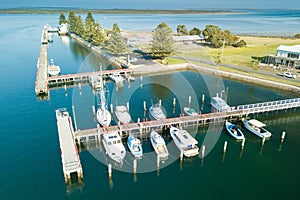 Aerial view of boats in the harbour, Port Albert