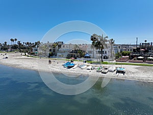 Aerial view of boats and kayaks in Mission Bay in San Diego, California. USA.