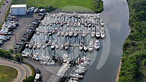 Aerial view of boats in Marina on Cheesequake Creek in Matawan, NJ.