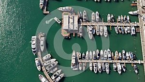 Aerial view of boats in a marina near the Port of Miami