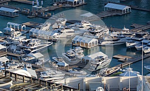 Aerial view of boats in a marina near the Port of Miami