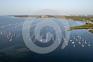 Aerial view of boats moored off Dinner Key Marina in Coconut Grove, Florida.