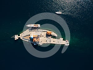 Aerial view of boats near the island of Gospa od Skrpjela. Montenegro