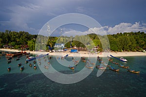 Aerial view of the boats in the sea over Koh Lipe island in Thailand