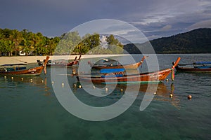 Aerial view of the boats in the sea over Koh Lipe island in Thailand