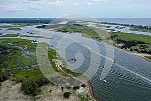 Aerial view of boats on the water way at Oak Island NC