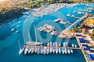 Aerial view of boats and yachts in dock at sunset in summer