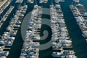 Aerial view of boats and yachts docked at the marina on the coast of California USA