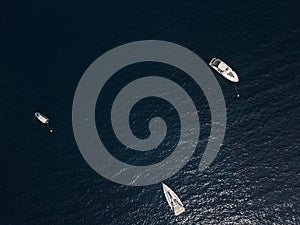 Aerial view of boats and yachts moored off the coast of Montenegro