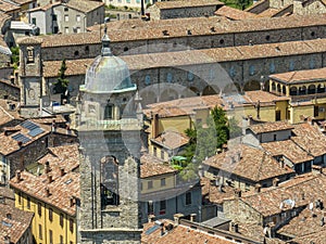 Aerial view of Bobbio, a town on the Trebbia river. Bridge. Piacenza, Emilia-Romagna. Italy