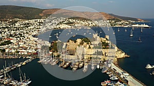 Aerial view of Bodrum castle in Turkey. The city Bodrum drone view of bay, yachts, boats