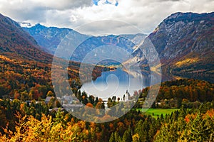 Aerial view of Bohinj lake in Julian Alps, Slovenia