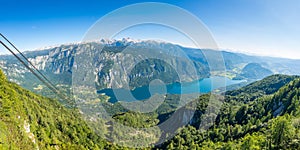 Aerial view of Bohinj lake from Vogel cable car station. Mountains of Slovenia in Triglav national park. Julian alps landscape. Bl