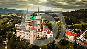 Aerial view of Bojnice medieval castle, UNESCO heritage in Slovakia