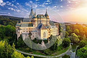 Aerial view of Bojnice medieval castle, UNESCO heritage in Slovakia. Romantic castle with gothic and Renaissance elements built in