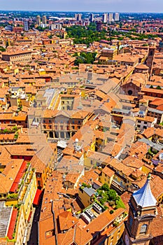 Aerial view of Bologna city historic center at the foreground Italy