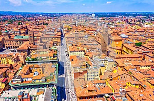 Aerial view of Bologna city historic center at the foreground Italy