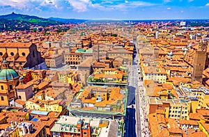Aerial view of Bologna city historic center at the foreground Italy