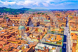 Aerial view of Bologna city historic center at the foreground Italy