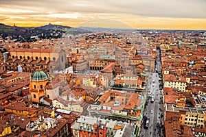 Aerial view of Bologna, Italy at sunset