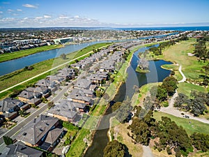 Aerial view of Bonbeach suburb and Patterson river in Melbourne, Australia
