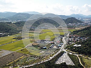Aerial view of Bongha Village and the mausoleum of Roh Moo-hyun, 16th president of South Korea