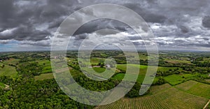 Aerial view of Bordeaux vineyard at spring under cloudy sky, Rions, Gironde, France