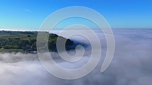 Aerial view of Bordeaux vineyard at spring under fog, Sainte Croix du Mont, Gironde, France