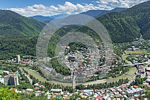 Aerial view of Borjomi, Georgia,famous for its mineral water.Picturesque Borjomi Gorge.Hiking in the Georgian nature.Green