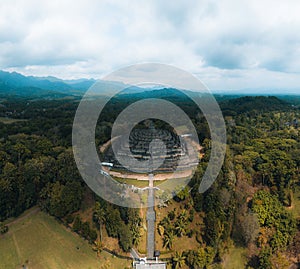 Aerial view of Borobudur Buddhist Temple on Java, Indonesia.