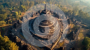 Aerial view of Borobudur Temple, Java, Indonesia. Generative AI
