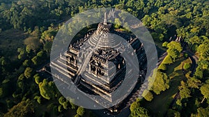 Aerial view of Borobudur Temple, Java, Indonesia. Generative AI