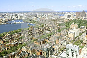 Aerial view of Boston City Skyline in the Boston Harbor where th