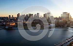 Aerial view Boston harbor during sunset