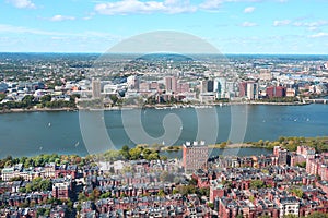 Aerial view of Boston skyline and Cambridge district separated b