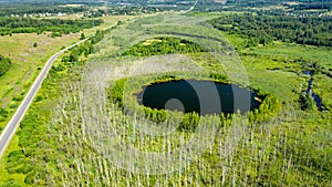 Aerial view of Bottomless  Lake in forest of Solnechnogorsk District, Moscow region
