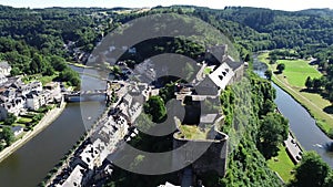 Aerial view of Bouillon Castle, medieval castle in the town of Bouillon in the province of Luxembourg, Belgium, Europe.