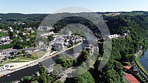 Aerial view of Bouillon Castle, medieval castle in the town of Bouillon in the province of Luxembourg, Belgium, Europe.