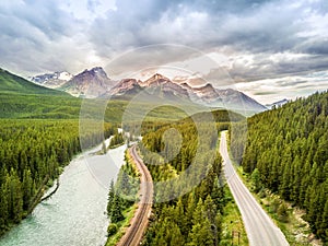 Aerial view of Bow river among canadian Rockies Mountains, Banff National Park, Alberta, Canada