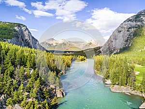 Aerial view of Bow river in Rockies Mountains, Banff National Pa
