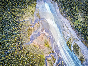 Aerial view of Bow river tributary, Banff National Park, Alberta