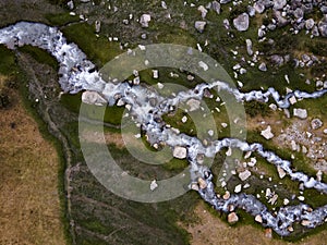 Aerial view of braided mountain river