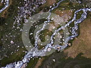 Aerial view of braided mountain river