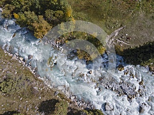 Aerial view of braided mountain river